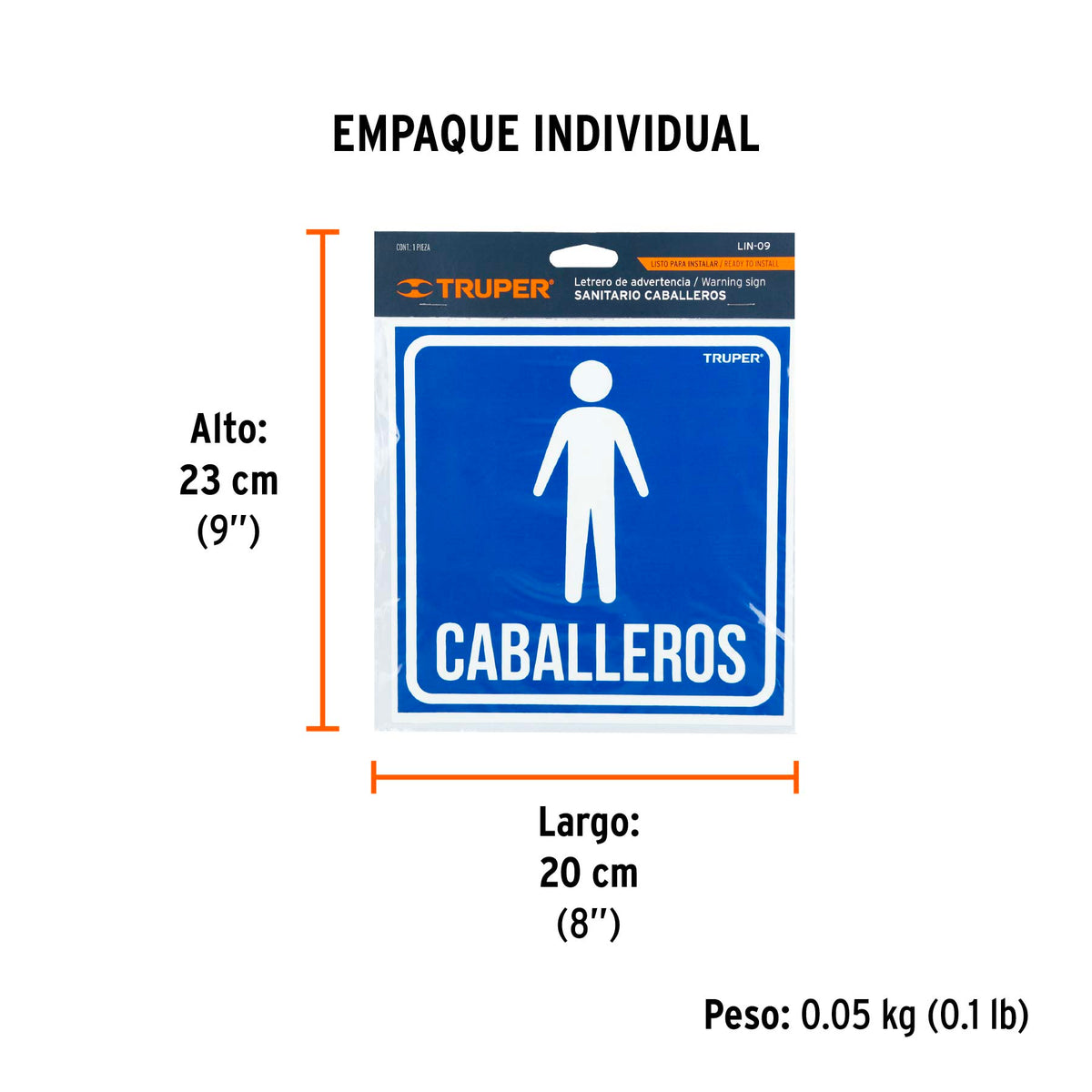 Letrero de señalización "CABALLEROS", 19 x 19 cm