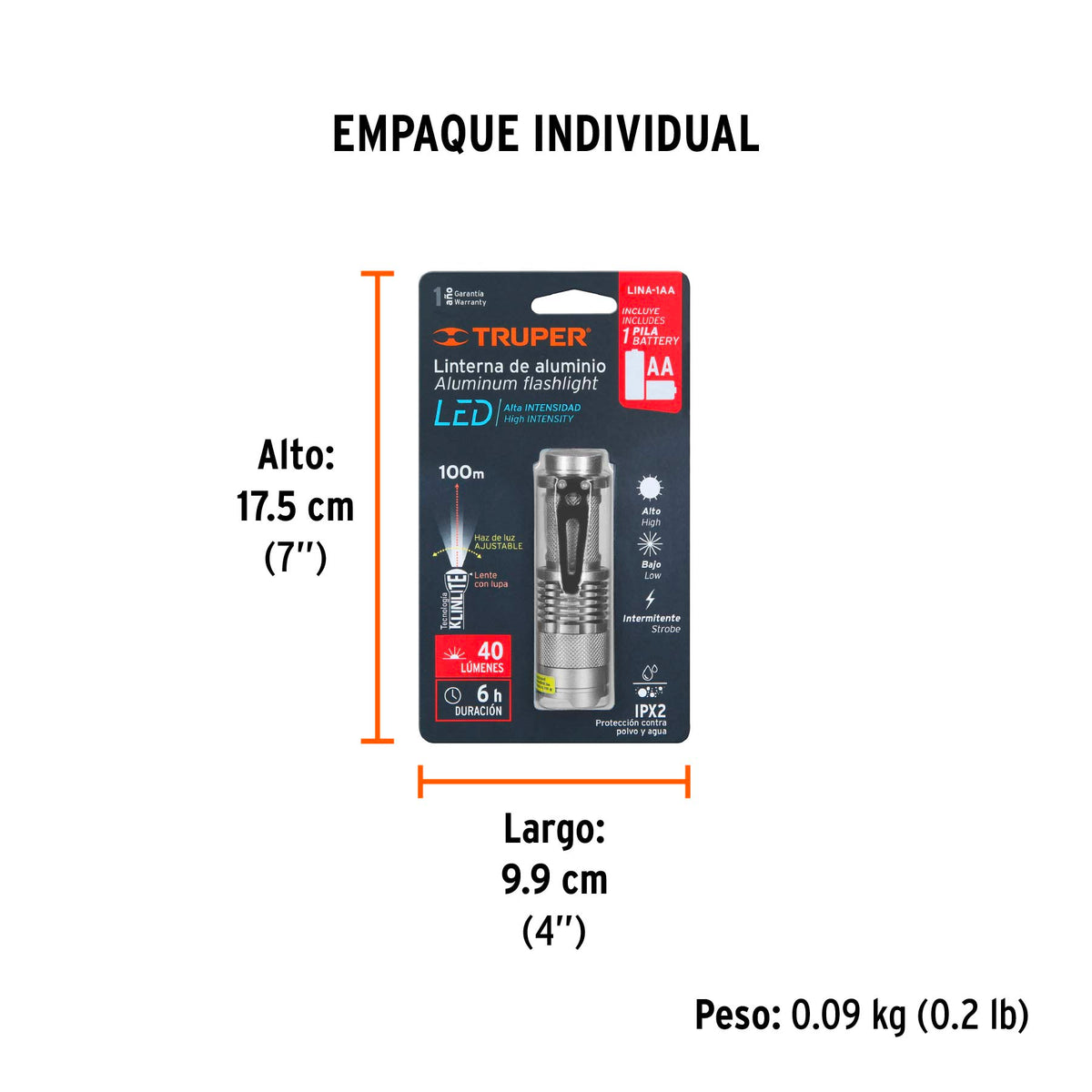Linterna de aluminio con 1 pila AA, 40 lúmenes, 1 LED