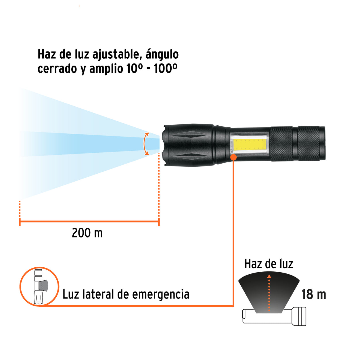 Linterna LED recargable de aluminio c/luz lateral, 270 lm