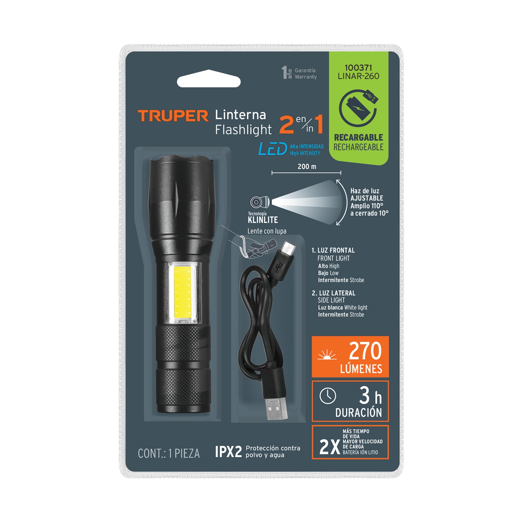 Linterna LED recargable de aluminio c/luz lateral, 270 lm