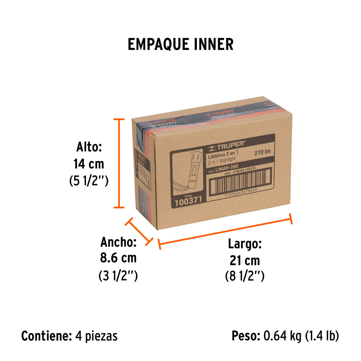 Linterna LED recargable de aluminio c/luz lateral, 270 lm