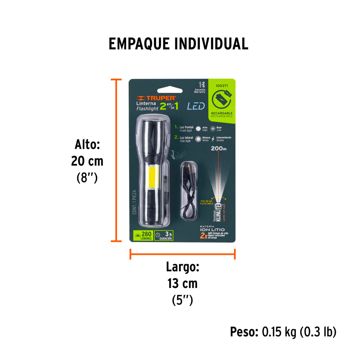 Linterna LED recargable de aluminio c/luz lateral, 270 lm