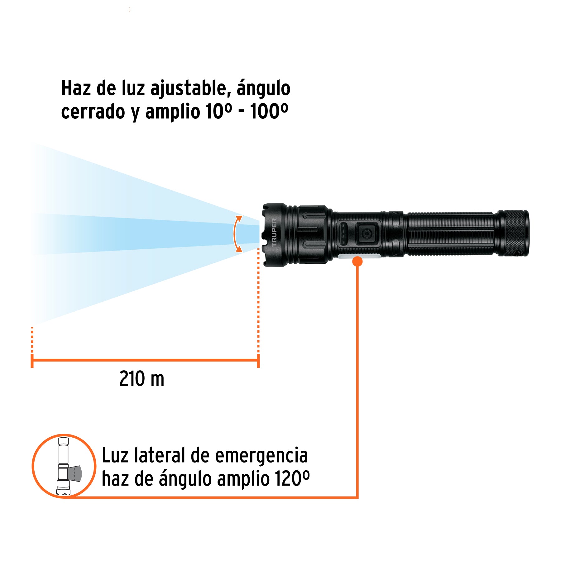 Linterna LED recargable c/luz de emergencia, 410 lm, Truper