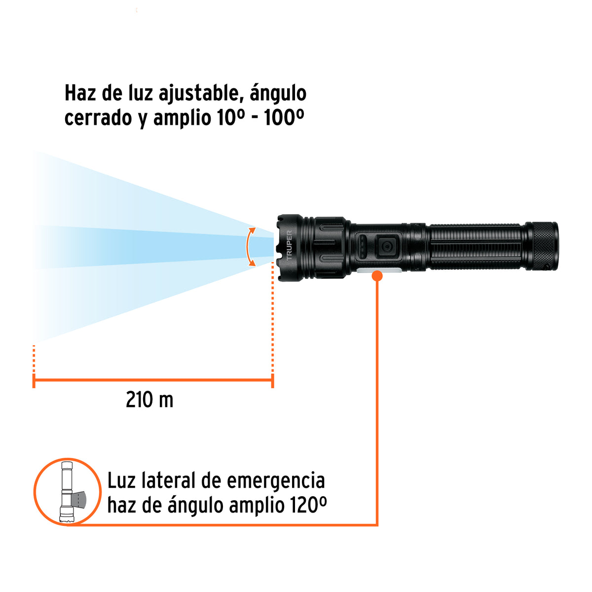 Linterna LED recargable c/luz de emergencia, 410 lm, Truper