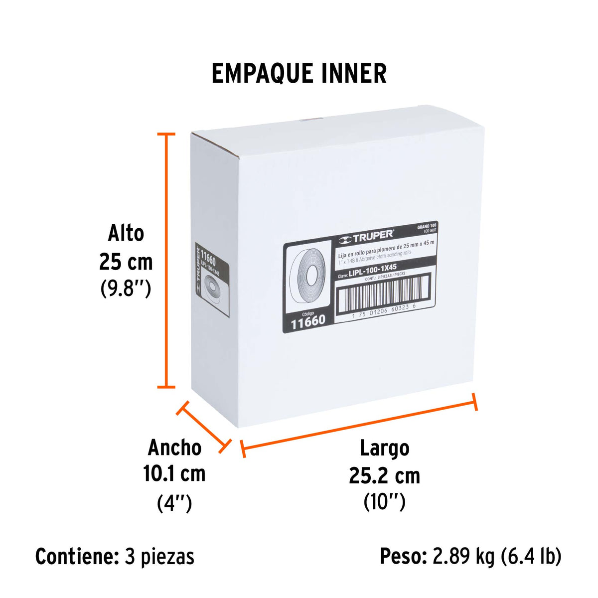 Lija para plomero, ancho 1", rollo de 45 m, grano 100