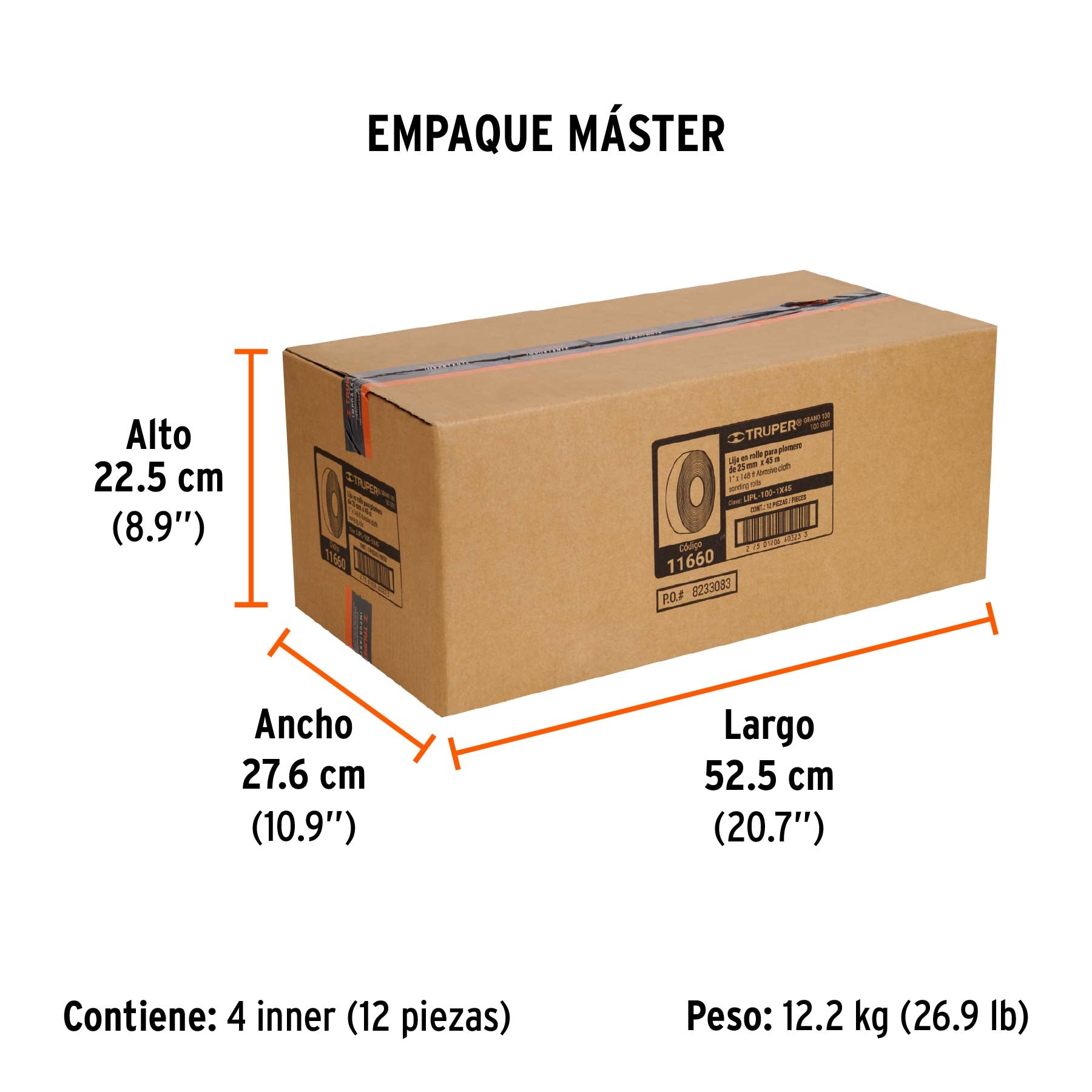 Lija para plomero, ancho 1", rollo de 45 m, grano 100