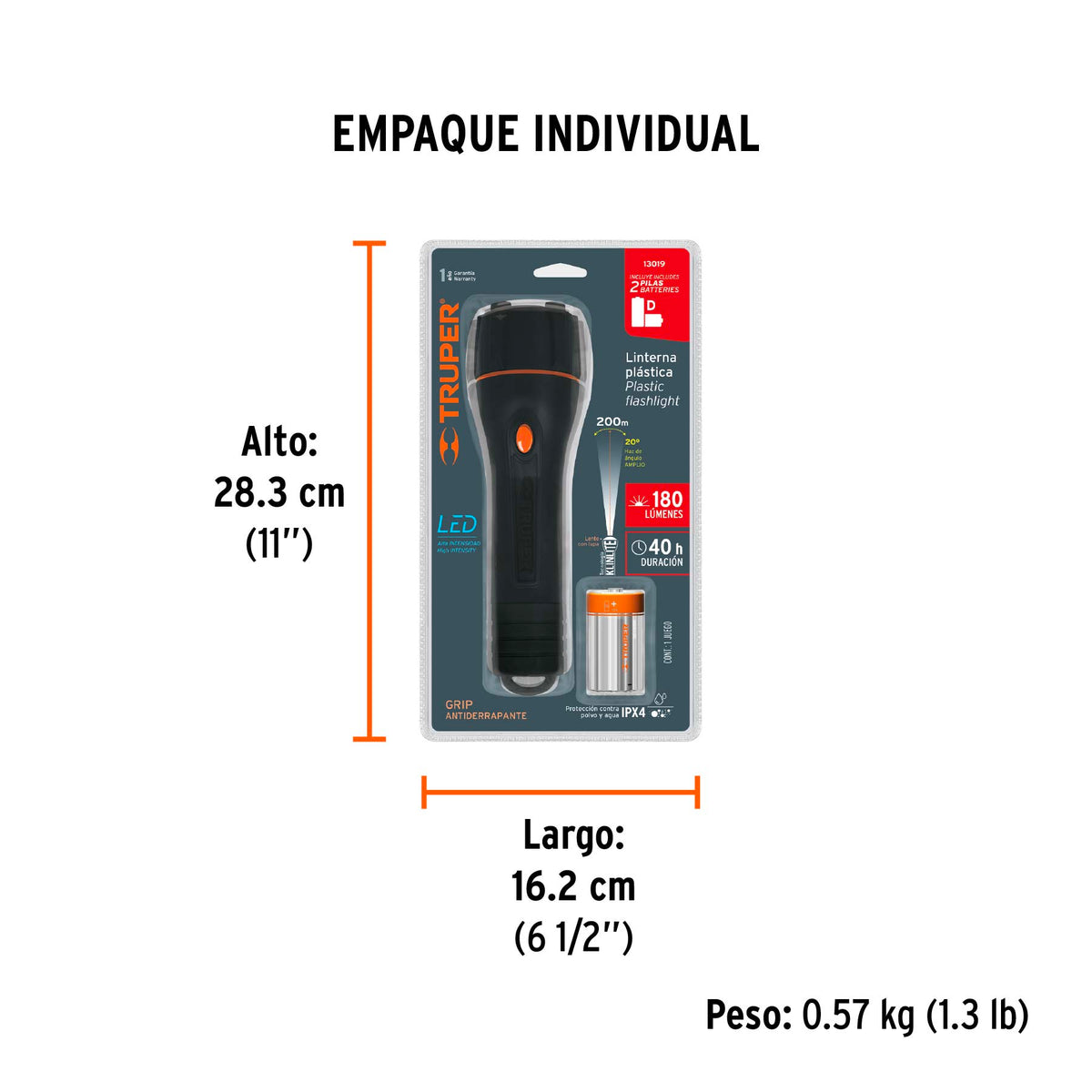 Linterna plástica, LED, luz directa, 2 pilas D, 180 Lm