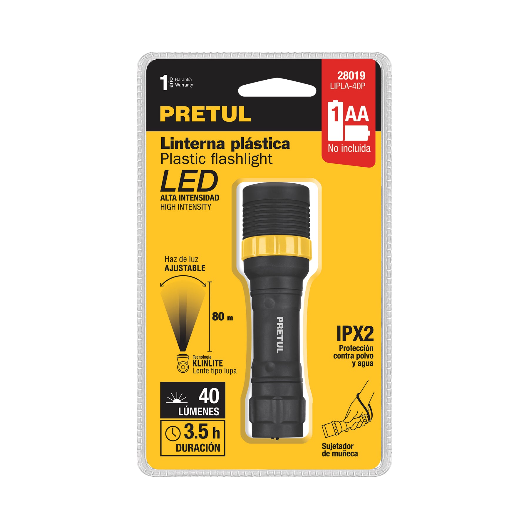 Linterna plástica, LED, 1 pila AAA, 40 lm, Pretul