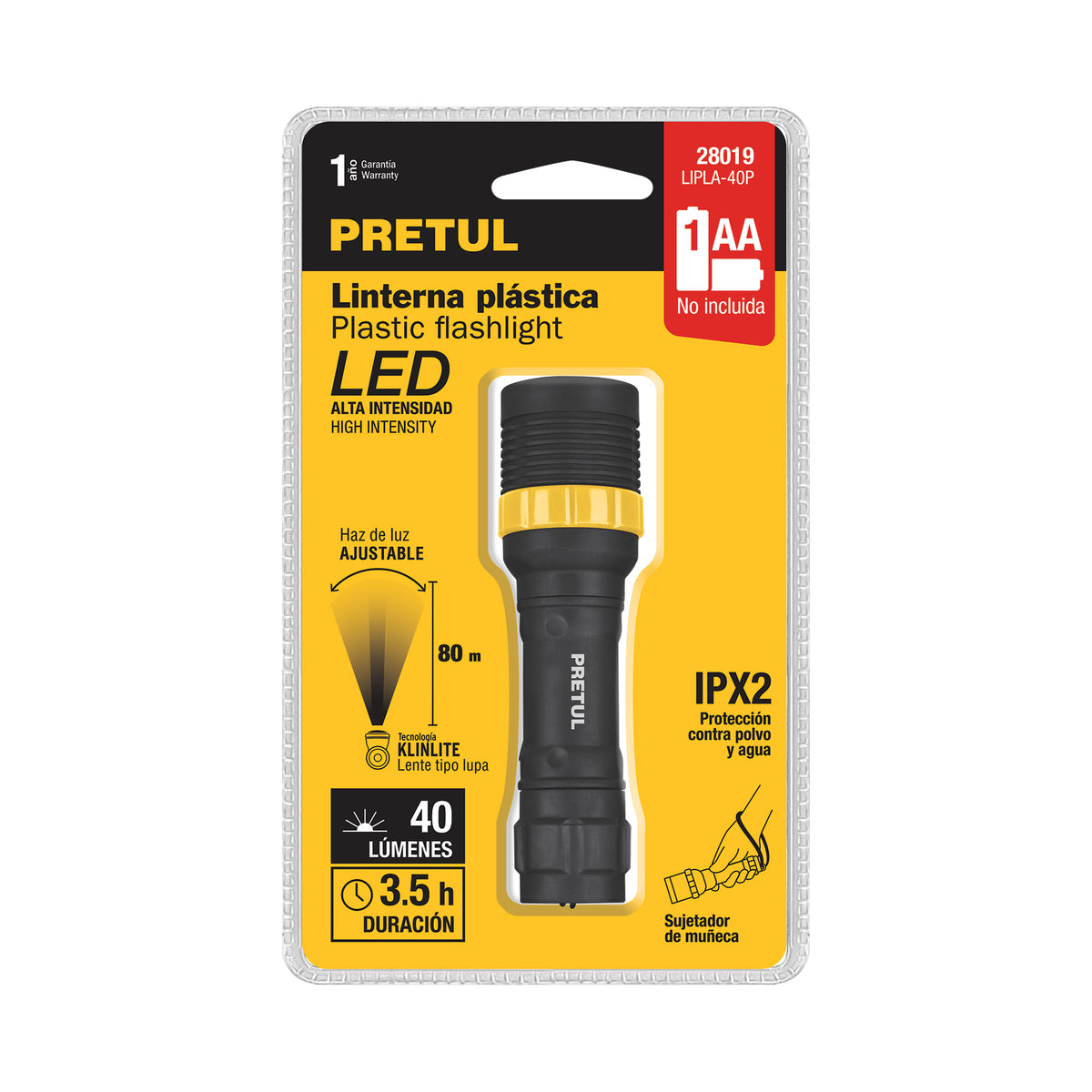 Linterna plástica, LED, 1 pila AAA, 40 lm, Pretul