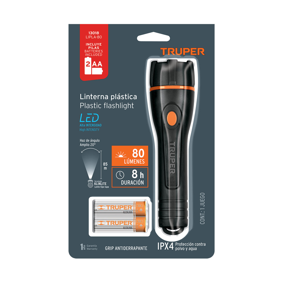 Linterna plástica, LED, luz directa, 2 pilas AA, 80 Lm