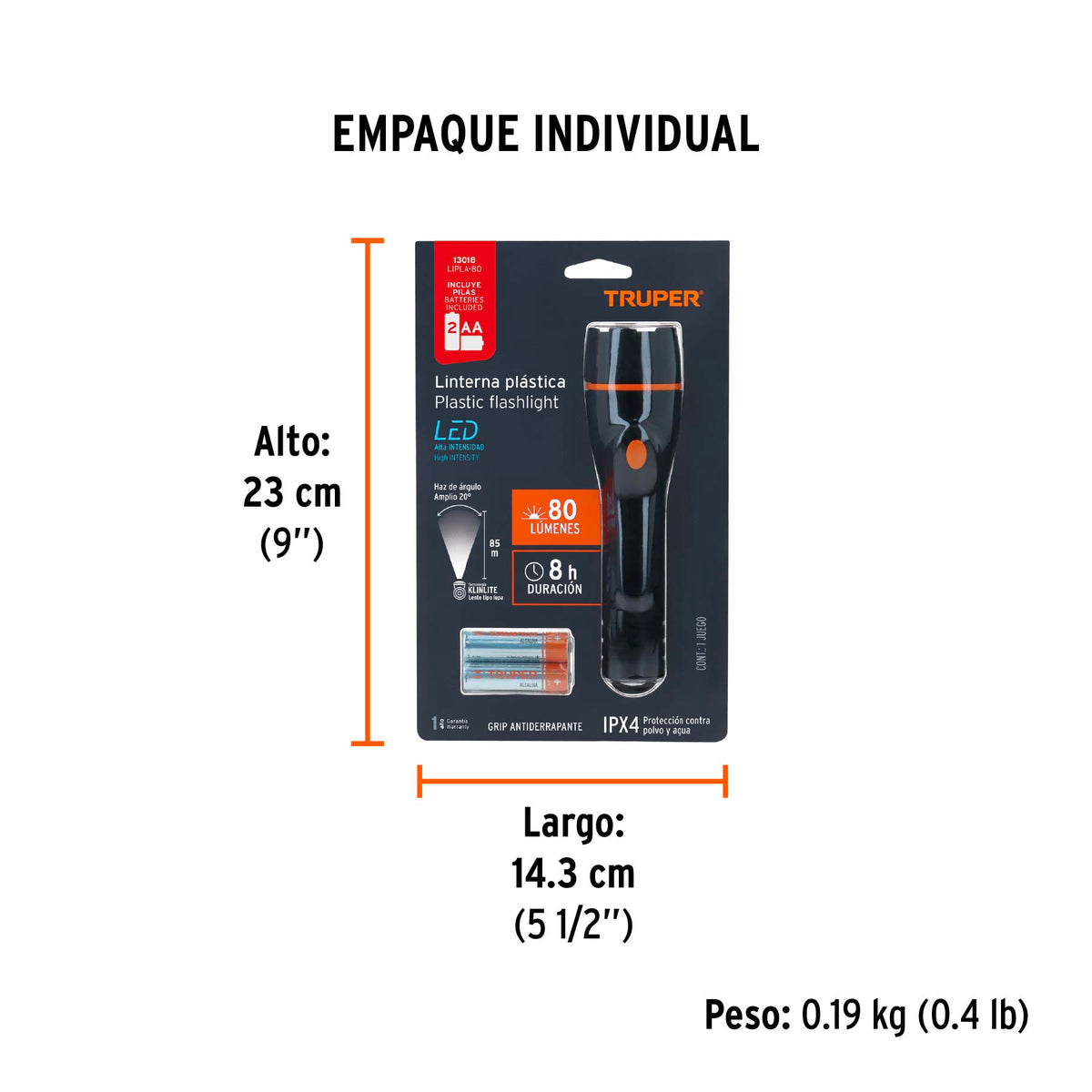 Linterna plástica, LED, luz directa, 2 pilas AA, 80 Lm