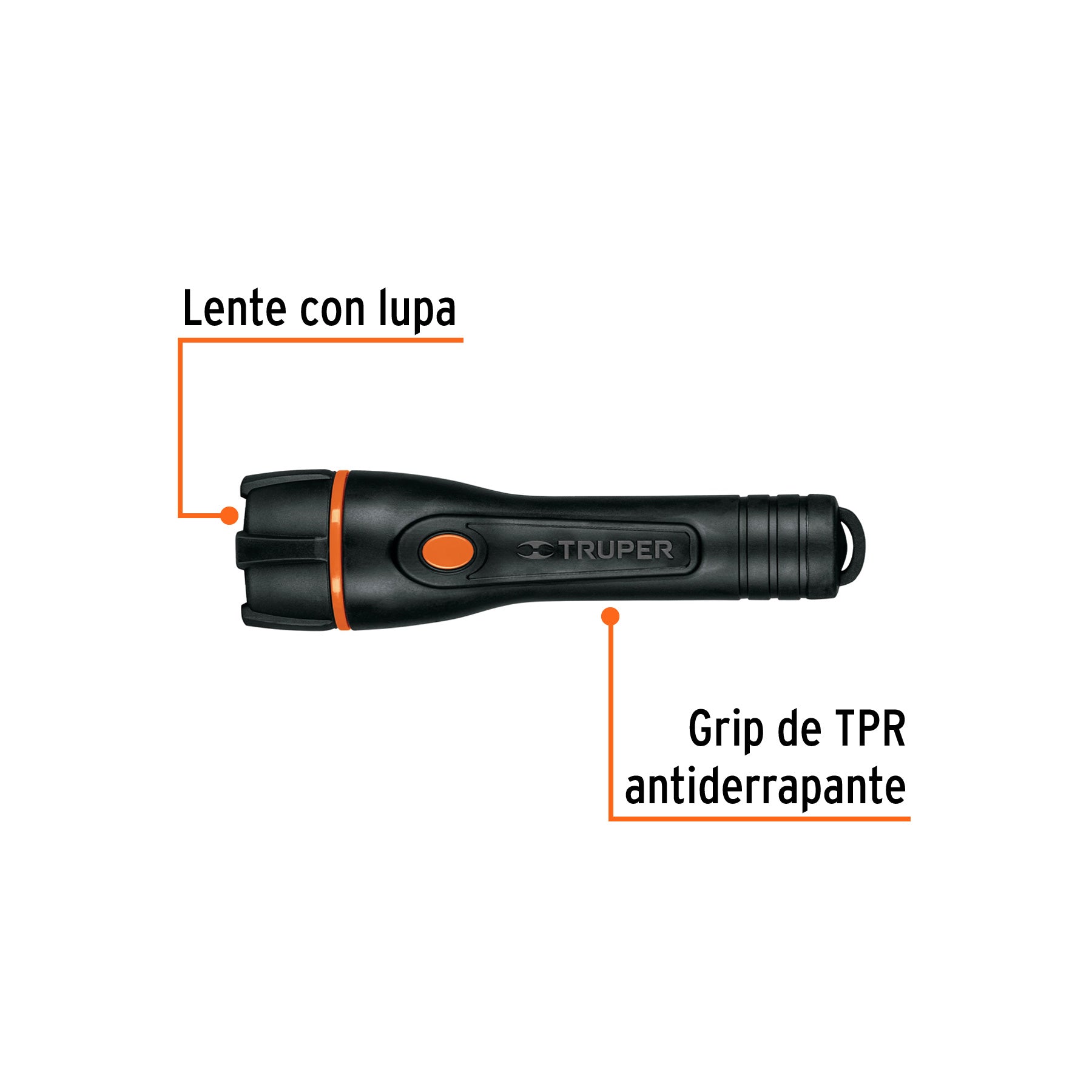 Linterna plástica, LED, luz directa, 2 pilas AA, 80 Lm