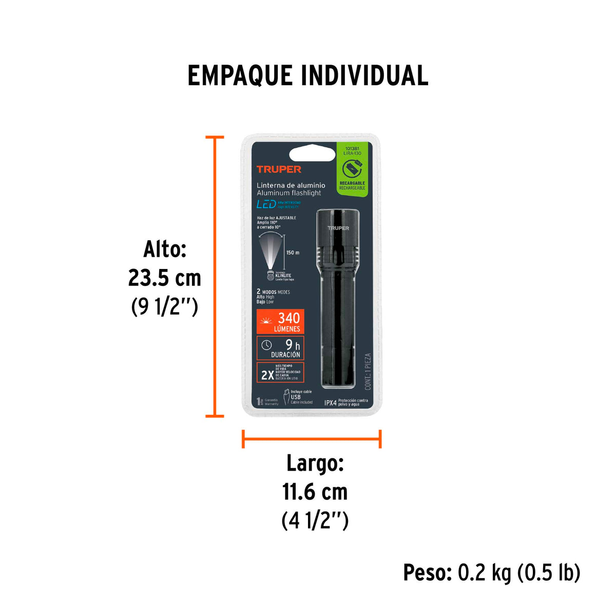 Linterna LED recargable de aluminio, 130 lúmenes