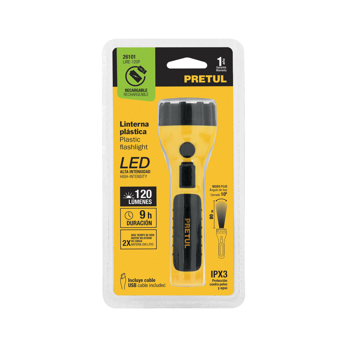 Linterna plástica recargable de LED, 120 lúmenes, Pretul