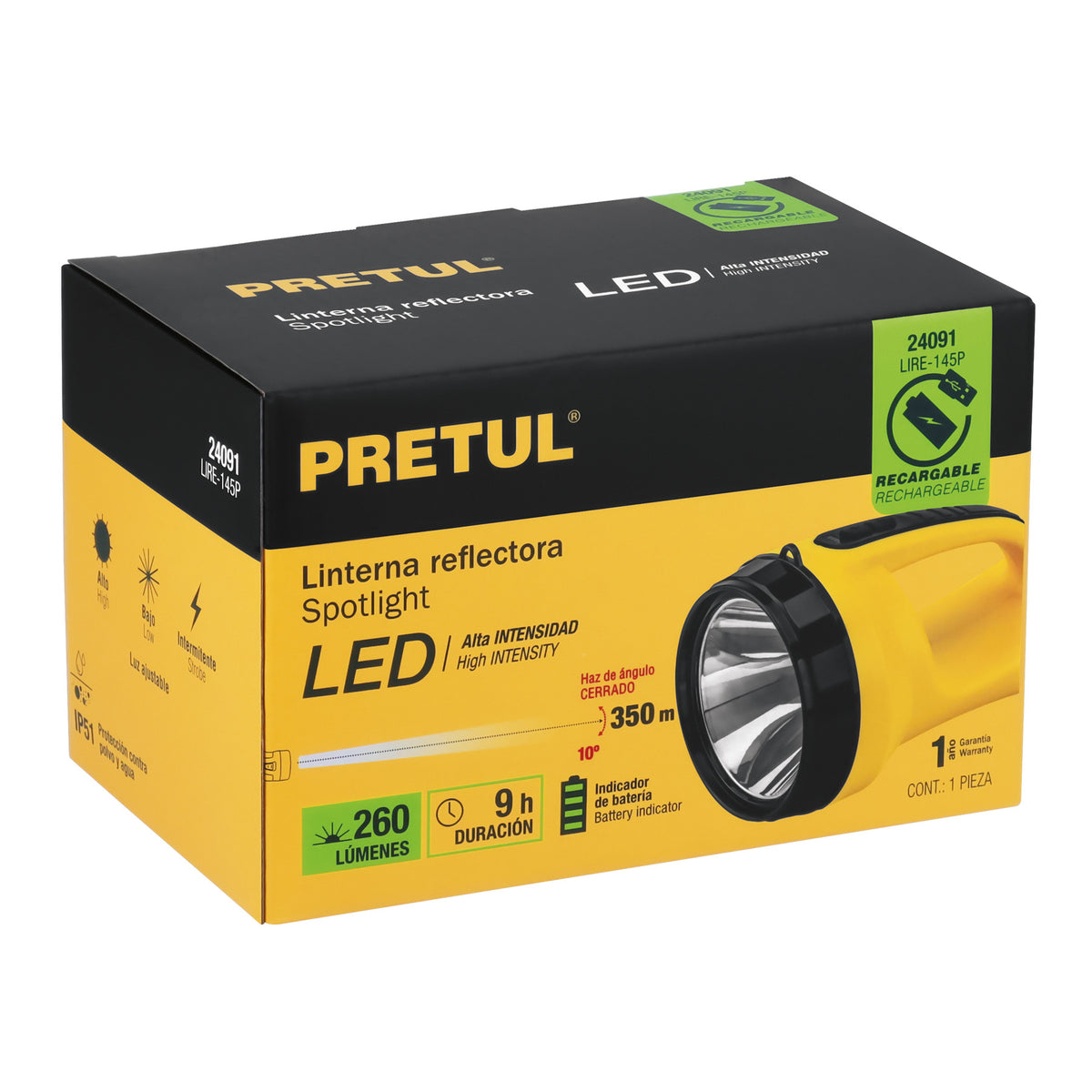 Linterna recargable de Leds, 145 lúmenes, Pretul