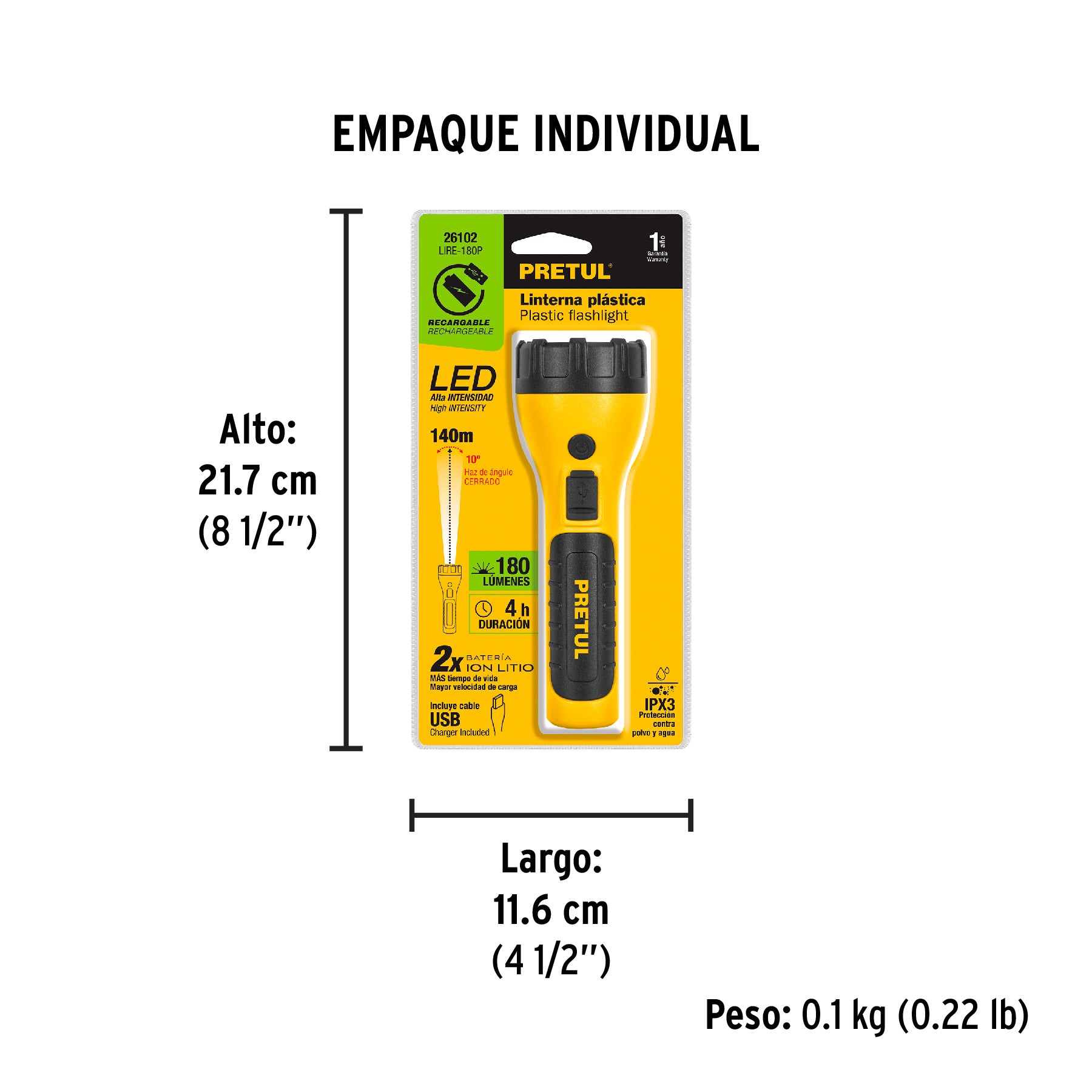 Linterna plástica recargable de LED, 180 lúmenes, Pretul