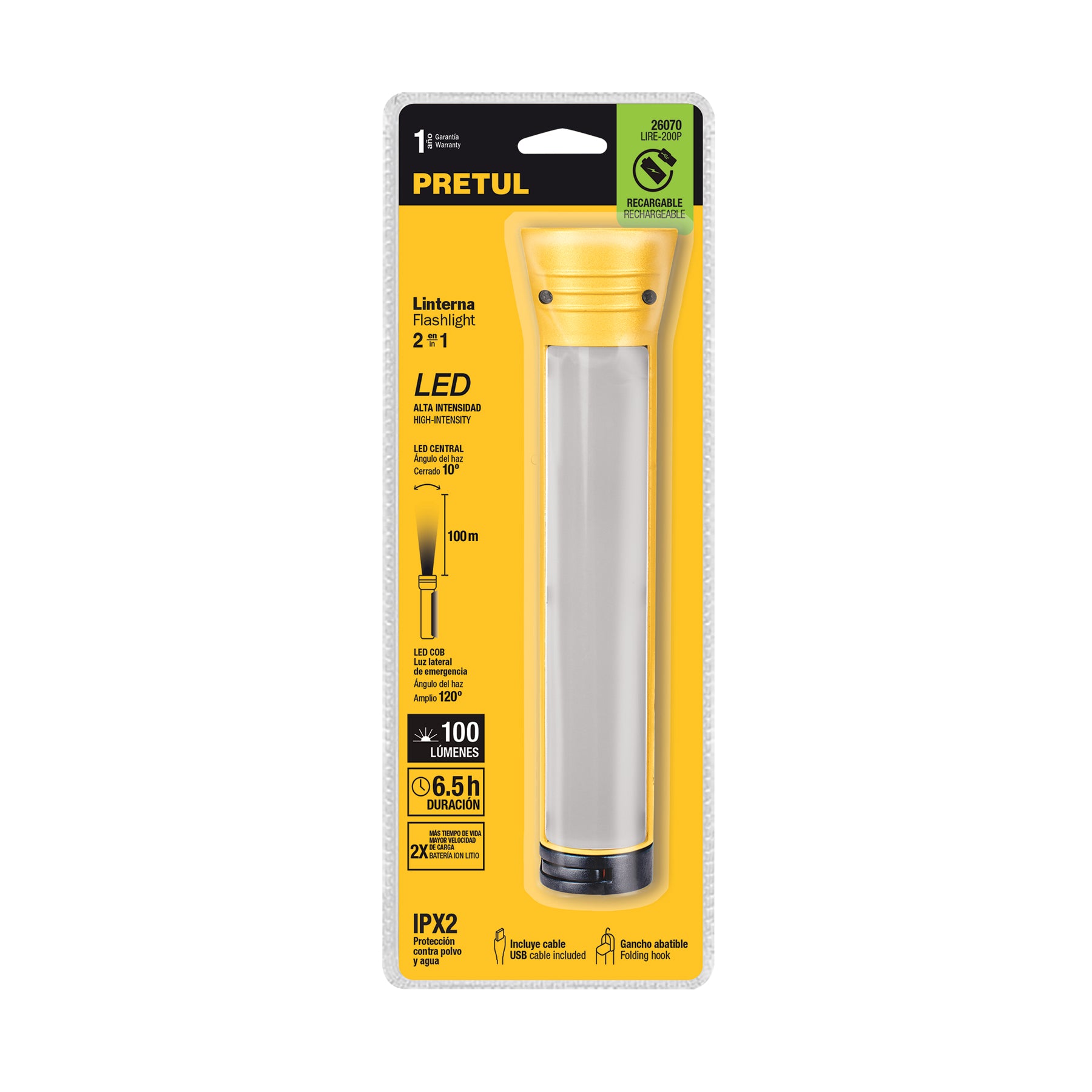 Linterna recargable con lámpara de emergencia, 230lm, Pretul