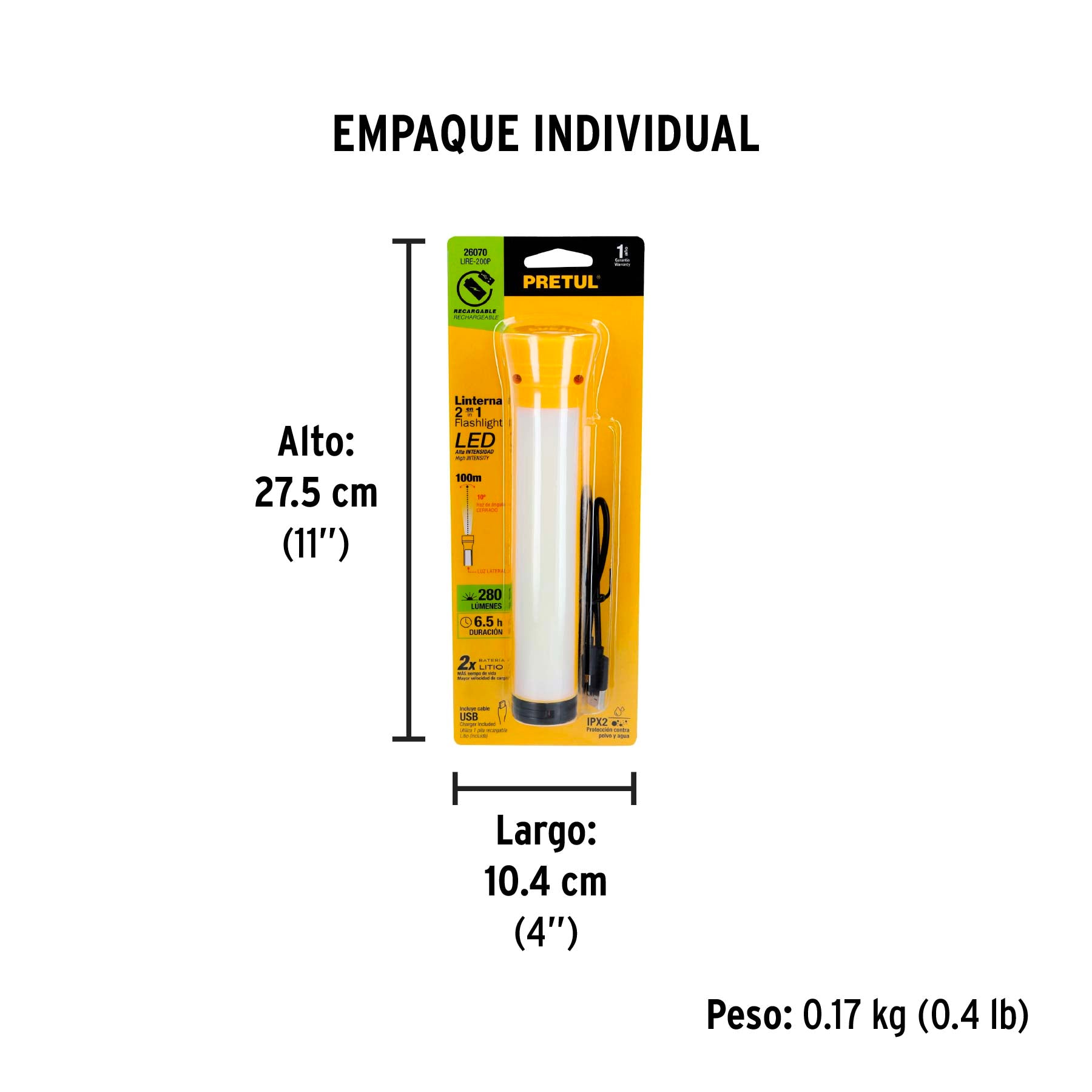 Linterna recargable con lámpara de emergencia, 230lm, Pretul