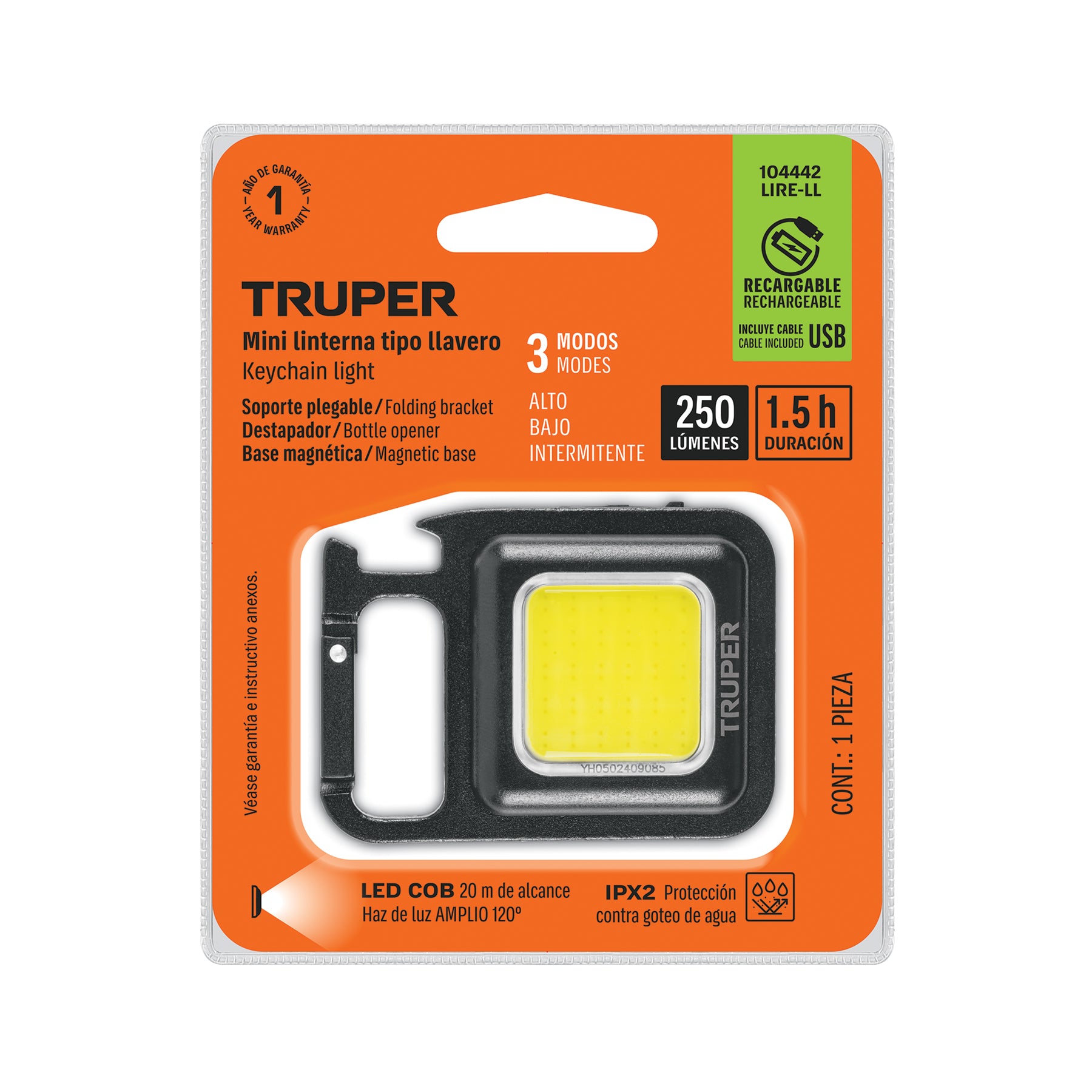 Mini linterna LED 280 lm recargable, tipo llavero, TRUPER