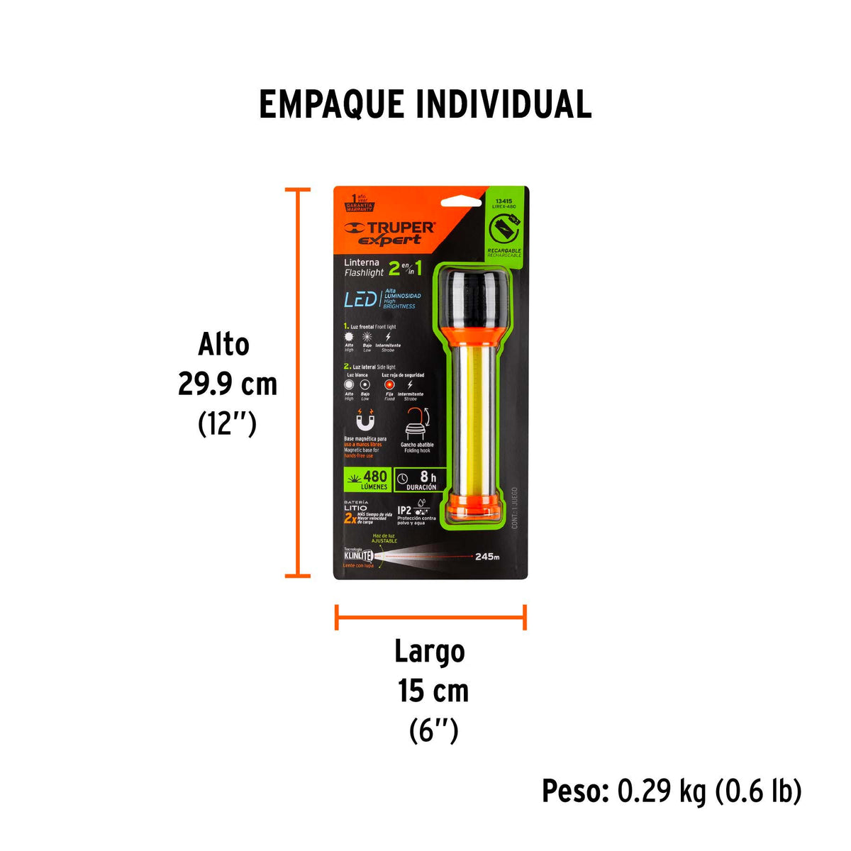 Linterna recargable con luz emergencia, 480lm, Truper Expert