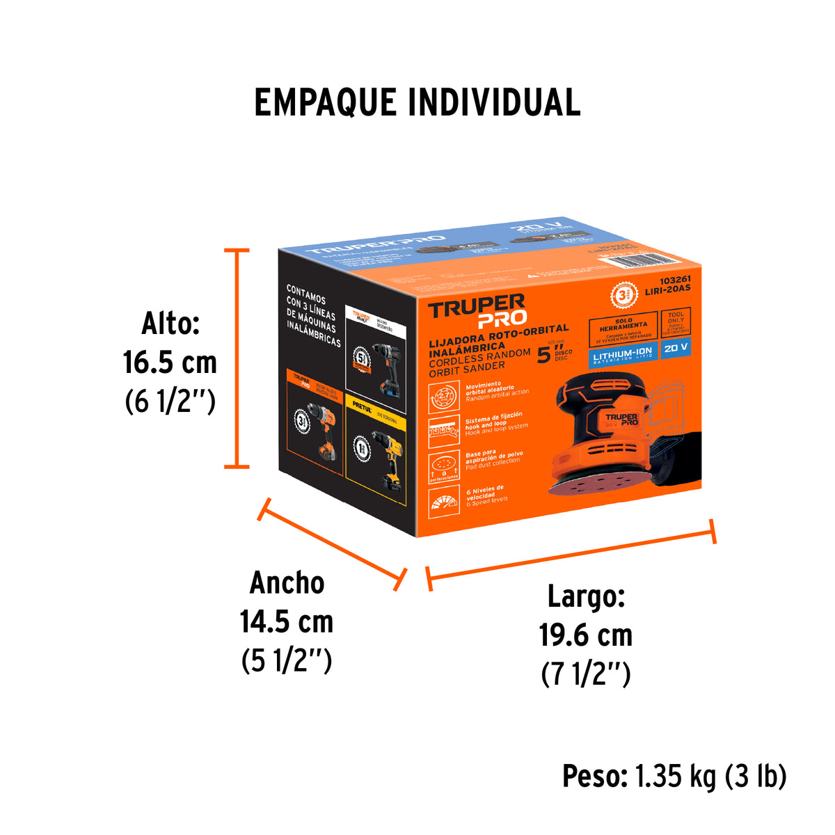 Lijadora roto-orbital 5' inal. 20V, s/accesorios, TRUPER PRO