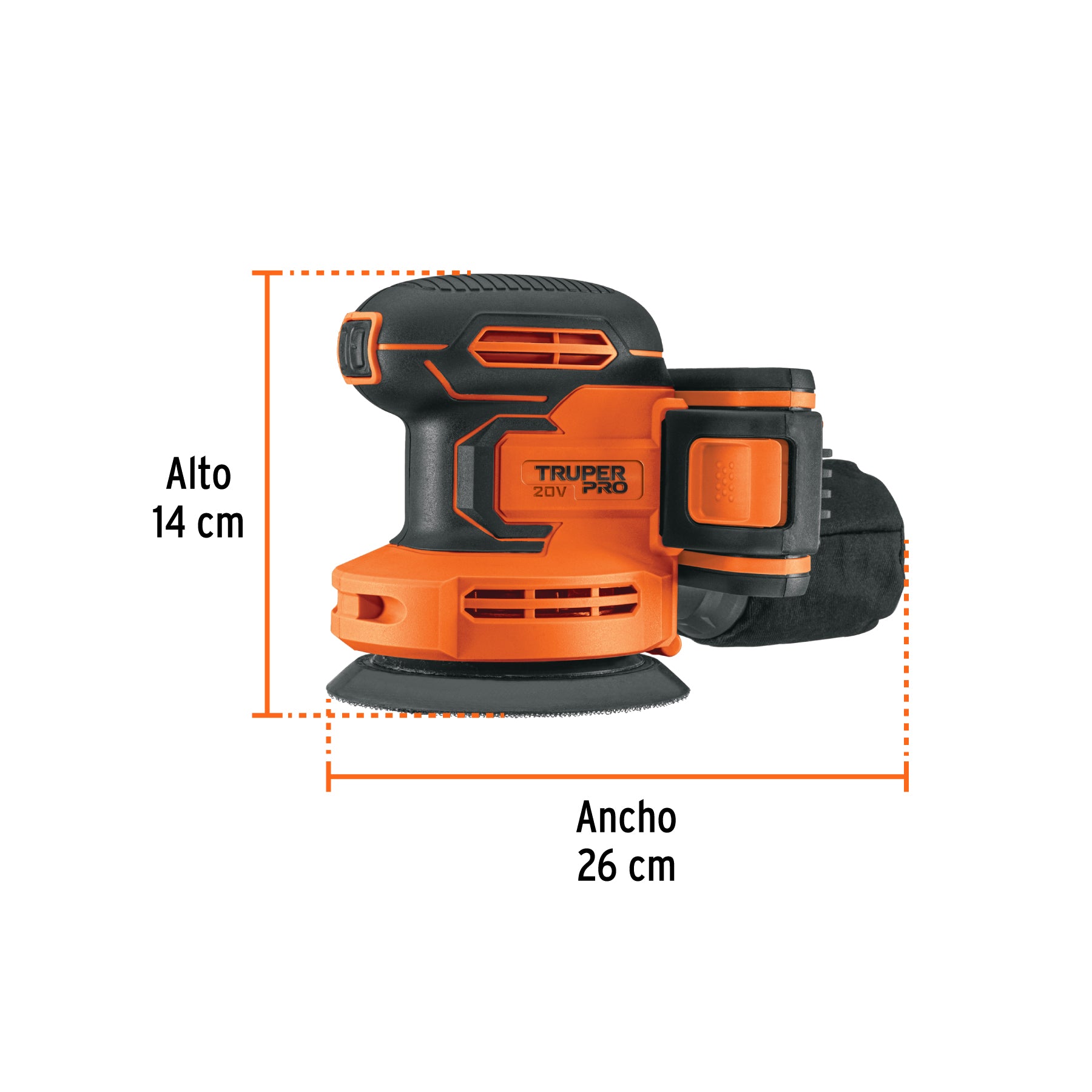Lijadora roto-orbital 5' inal. 20V, 1 bat. 2Ah, 1 carg. PRO