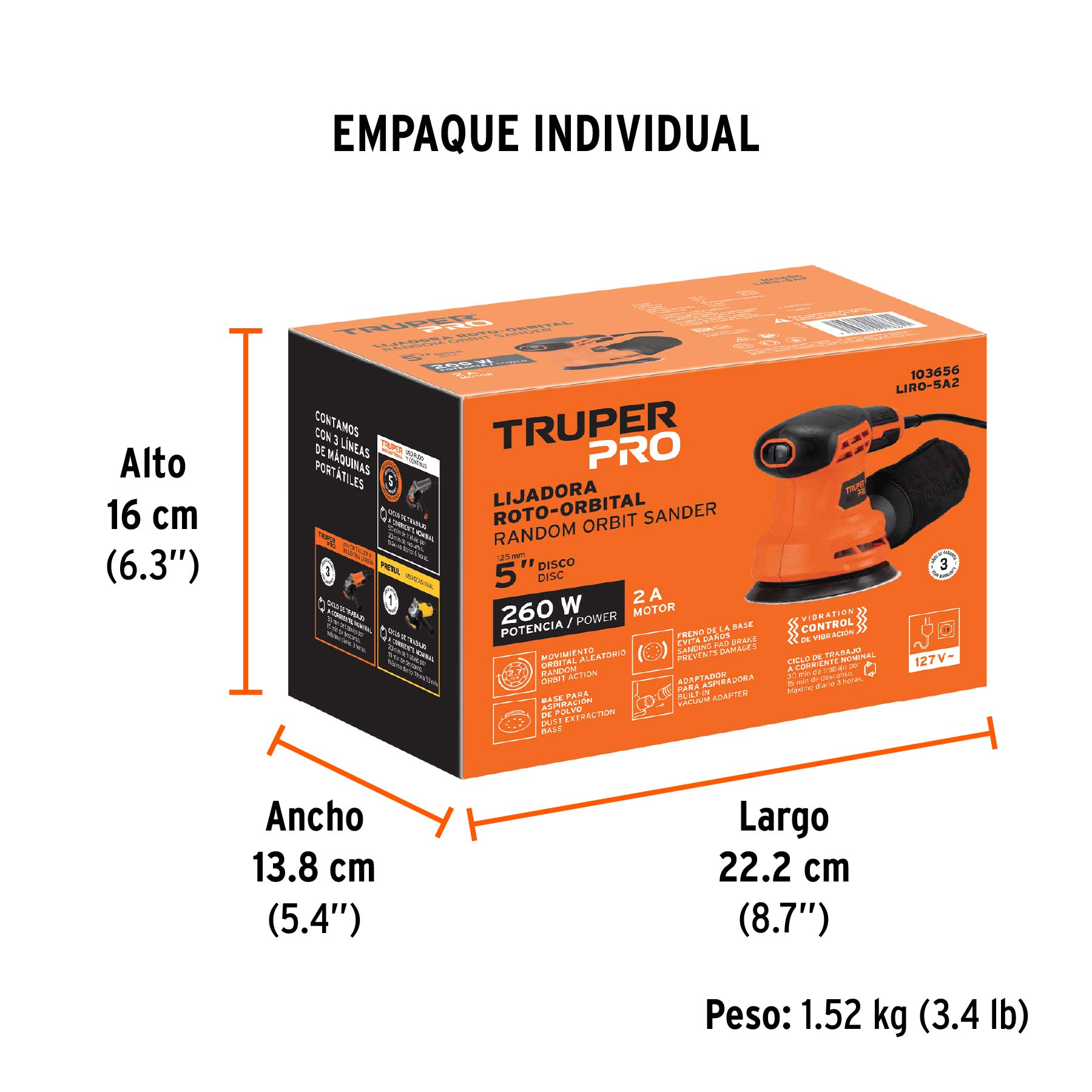 Lijadora roto orbital 5', 260W, TRUPER PRO