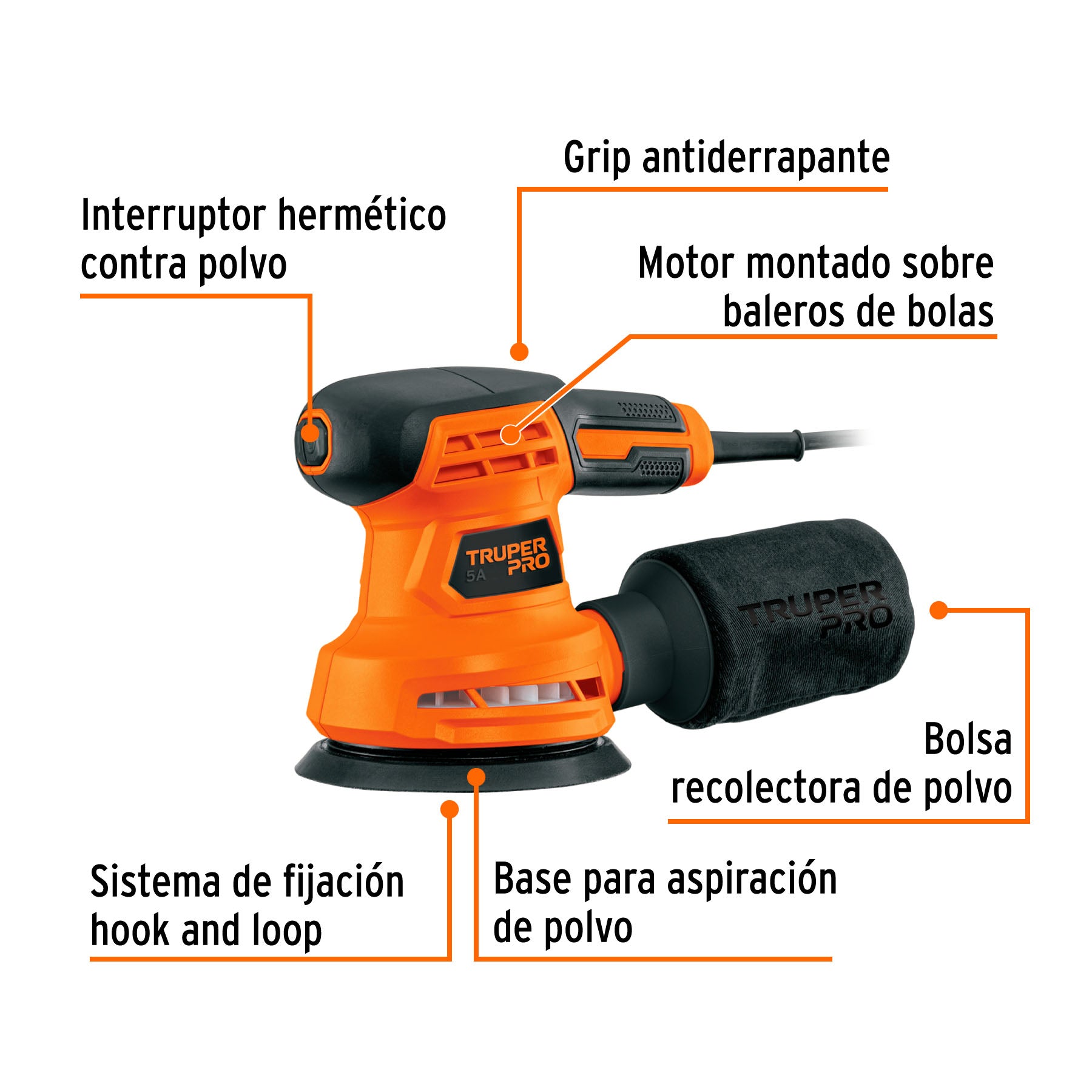 Lijadora roto orbital 5', 260W, TRUPER PRO