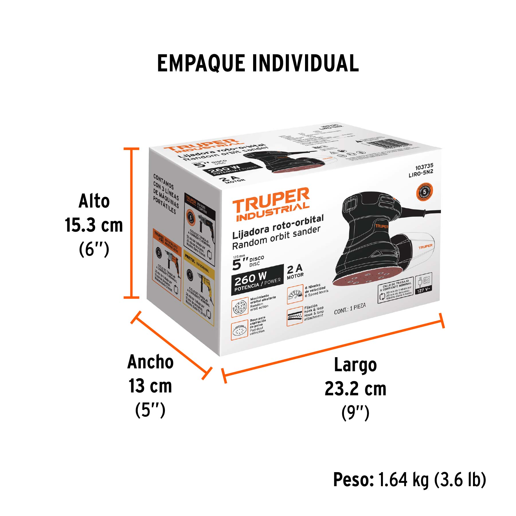 Lijadora roto orbital 5', 260W, TRUPER INDUSTRIAL