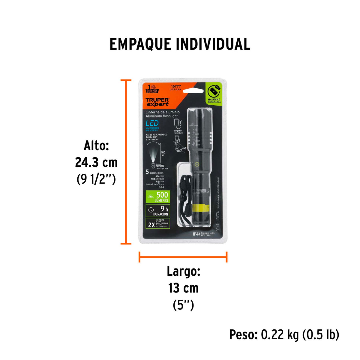 Linterna recargable, led cree, 180 lm con 2 pilas AA
