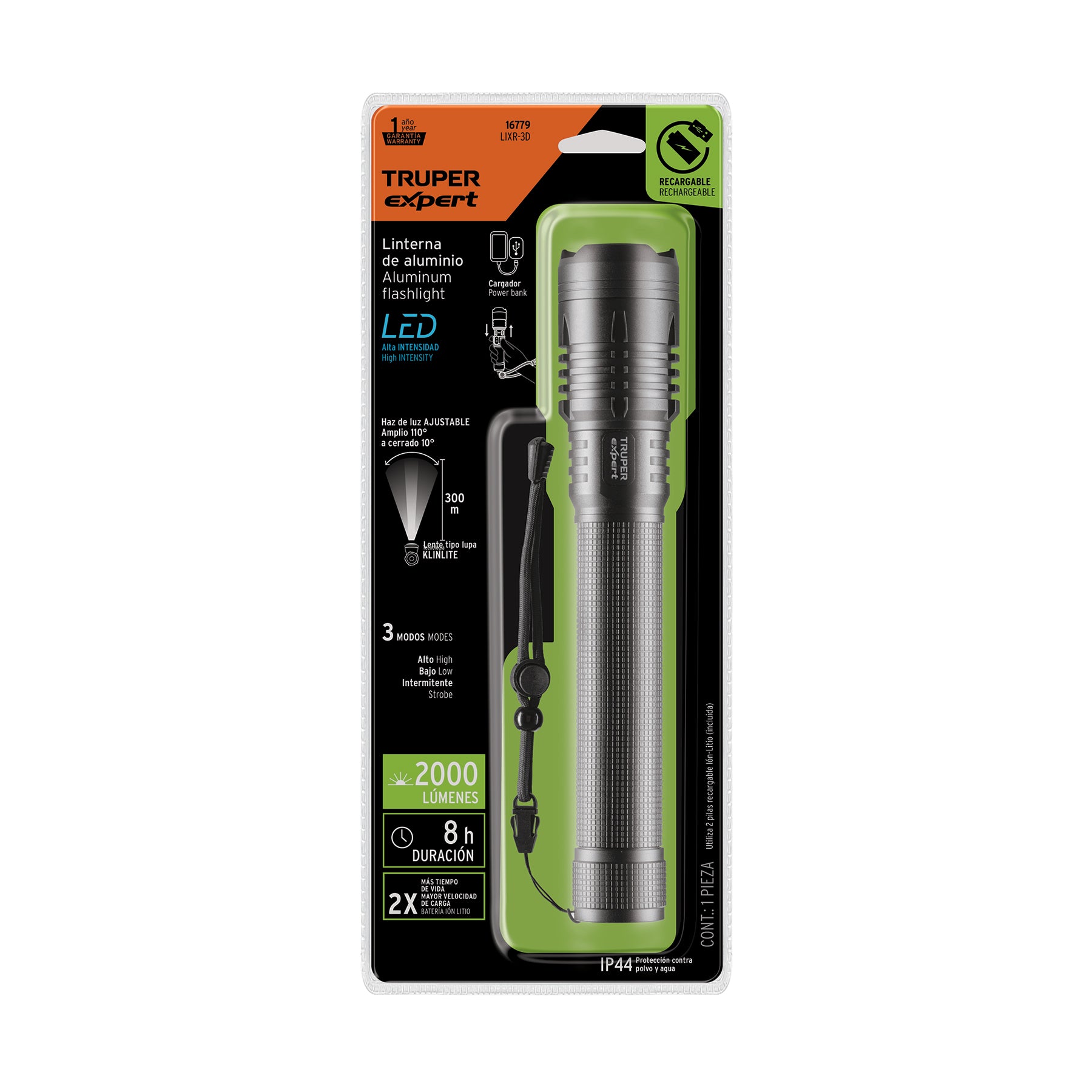 Linterna recargable, led cree, 150 lm con 3 pilas D