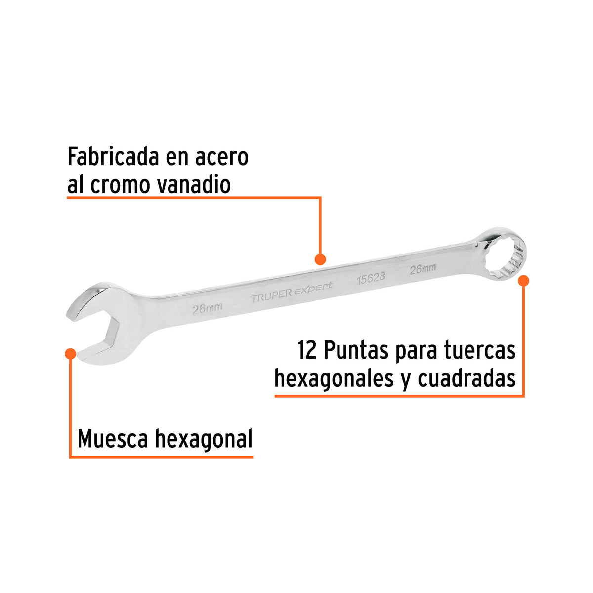 Llave combinada, extralarga, milimétrica, 26 x 370 mm