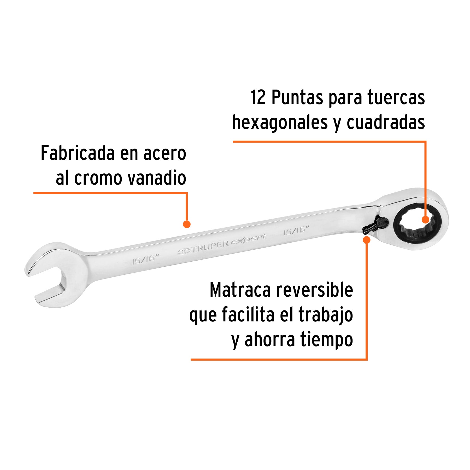 Llave combinada matraca, reversible, 15/16", Truper Expert