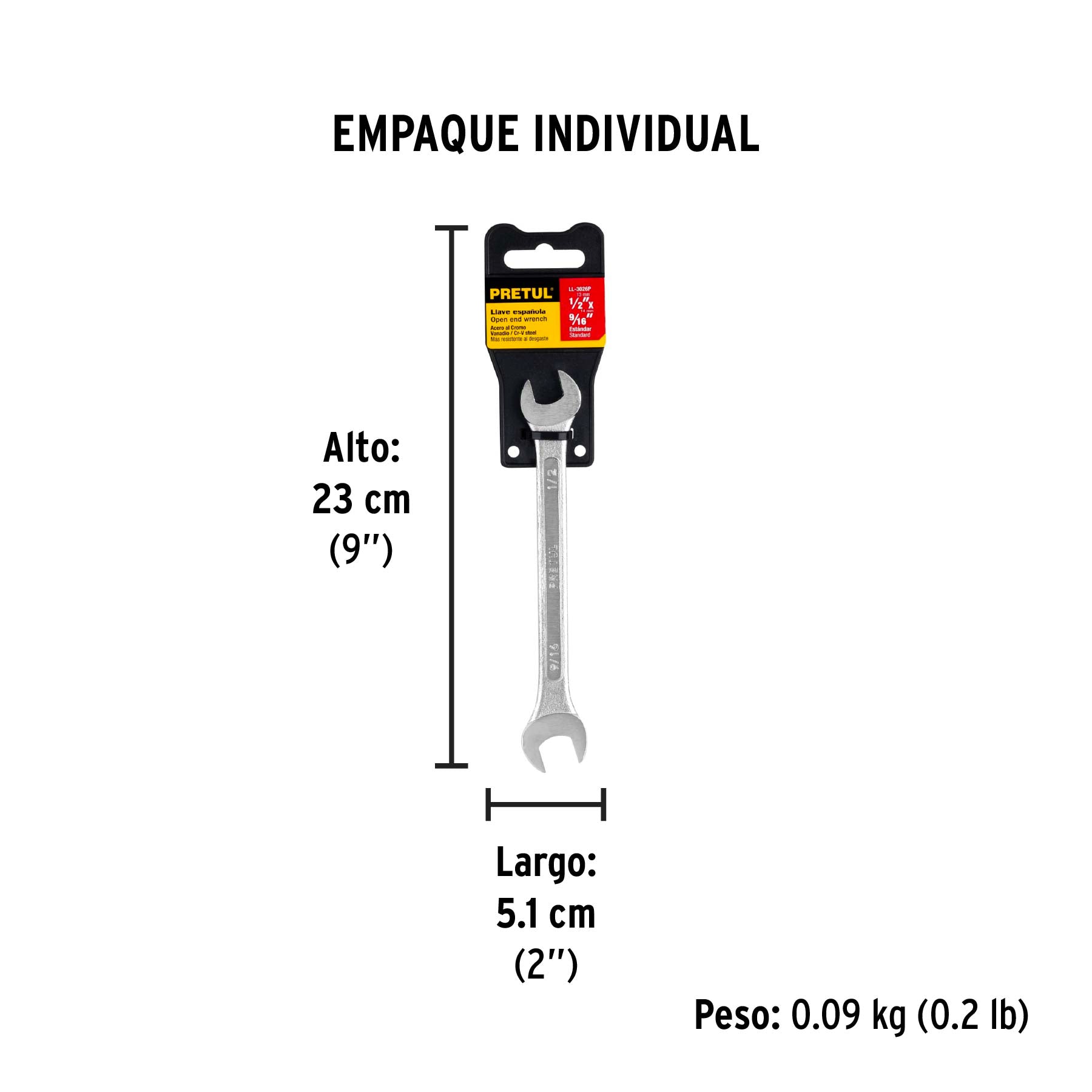 Llave española, 1/2 x 9/16" x 172 mm, pretul