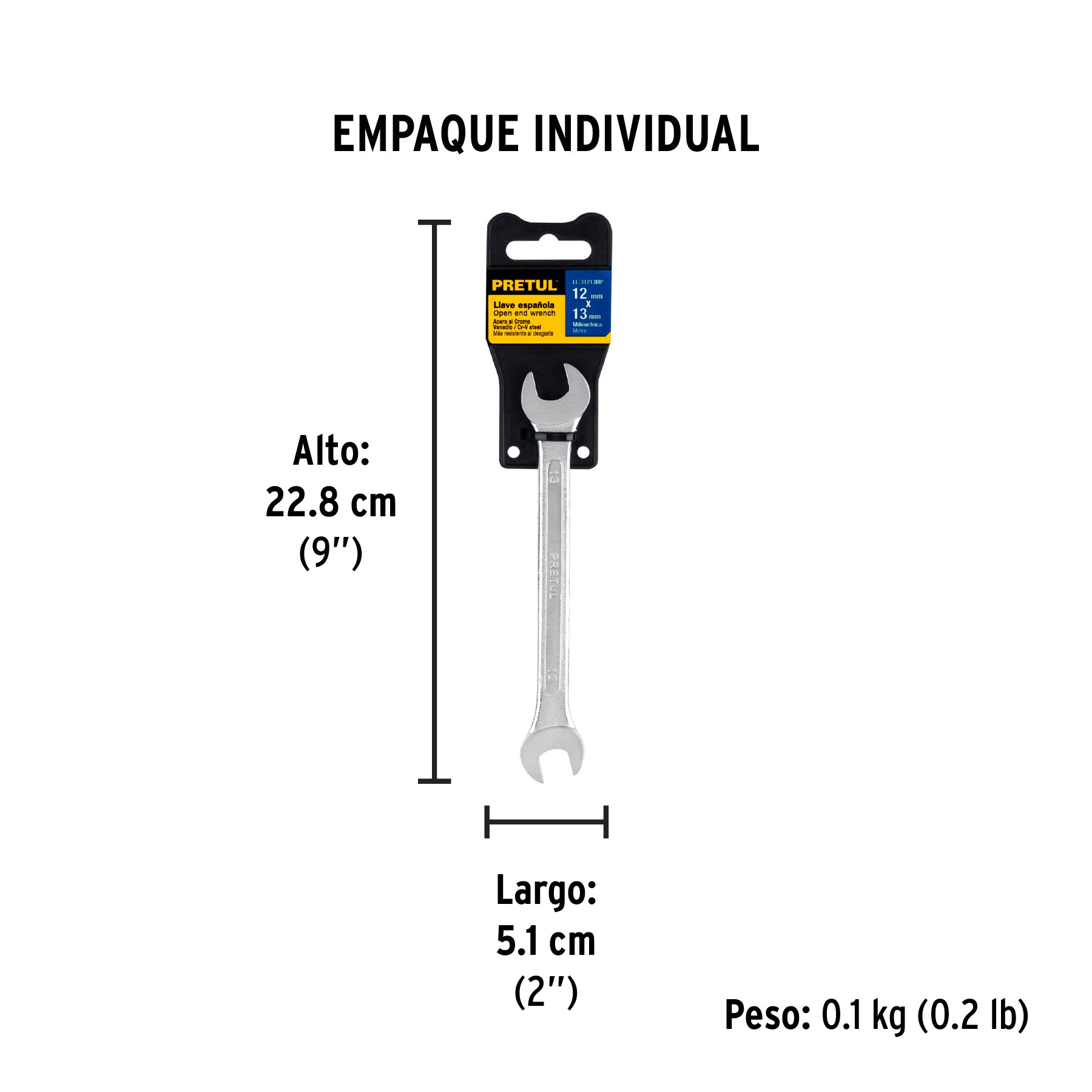 Llave española, milimétrica, 12 x 13 x 172 mm, pretul