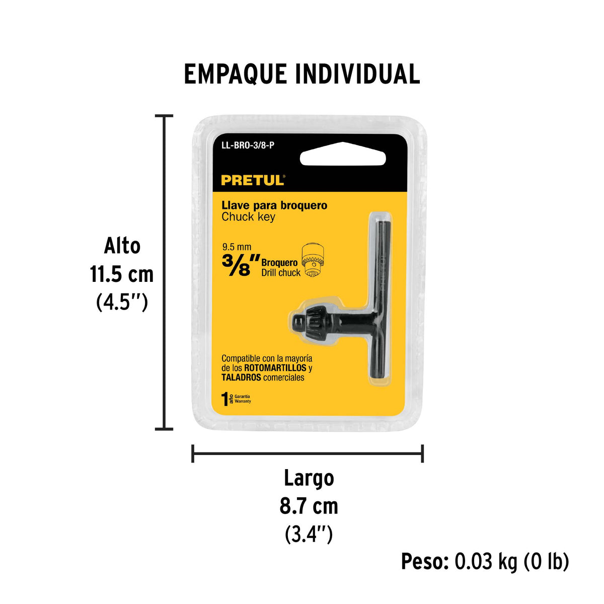 Llave para broquero de 3/8", Pretul