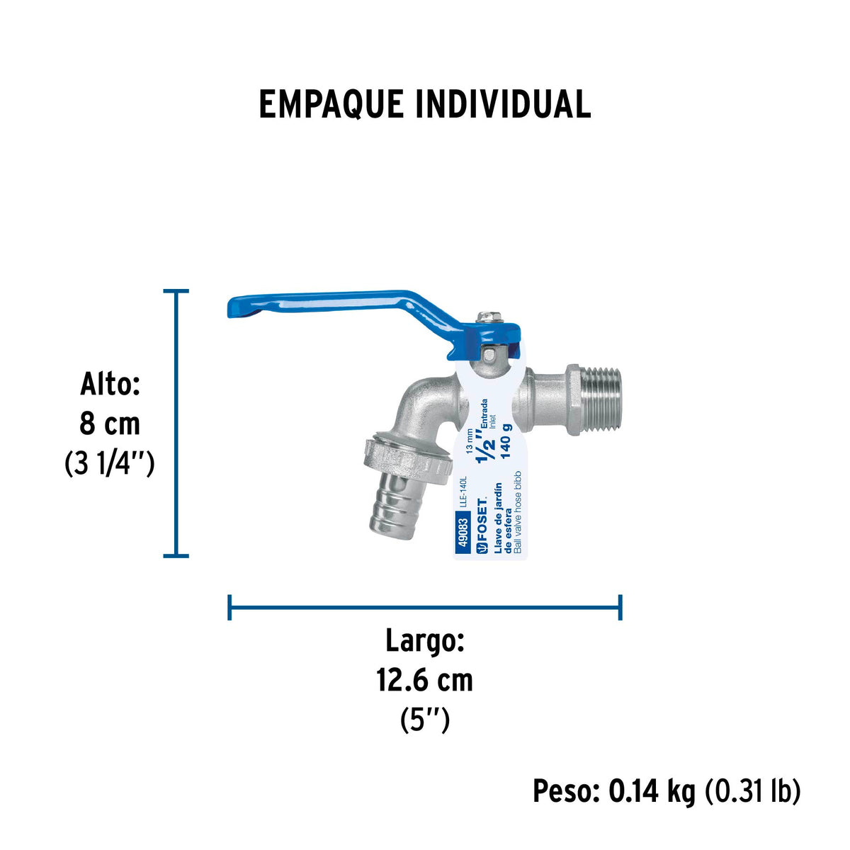 Llave de esfera, de latón, 140 gr, entrada 1/2", Foset