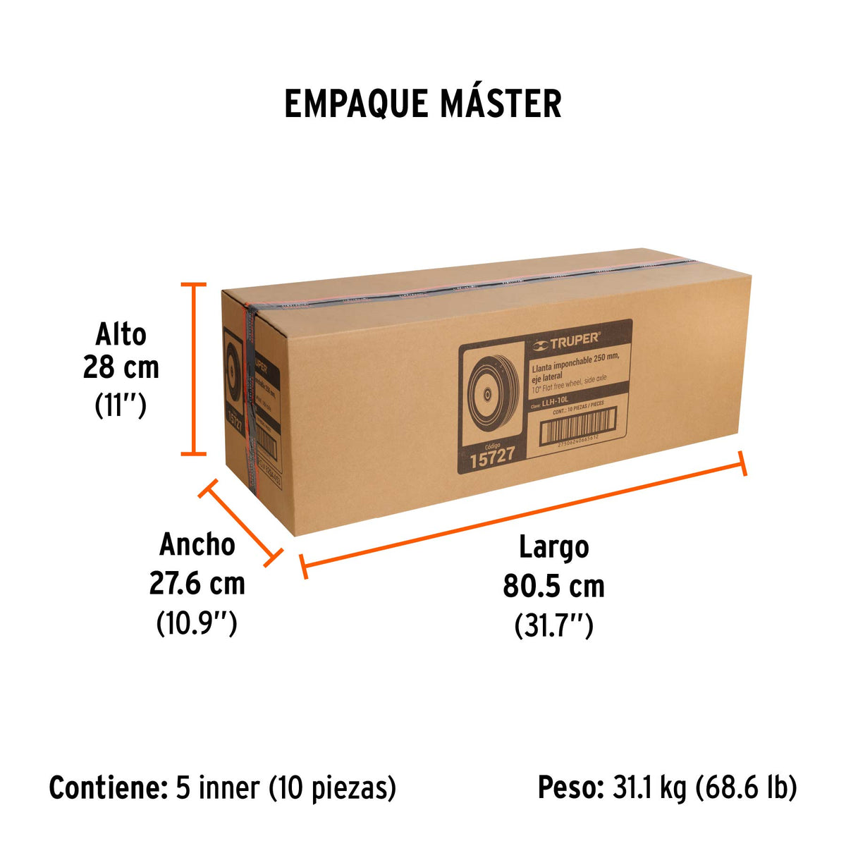 Rueda de 10" hule solido eje lateral Truper