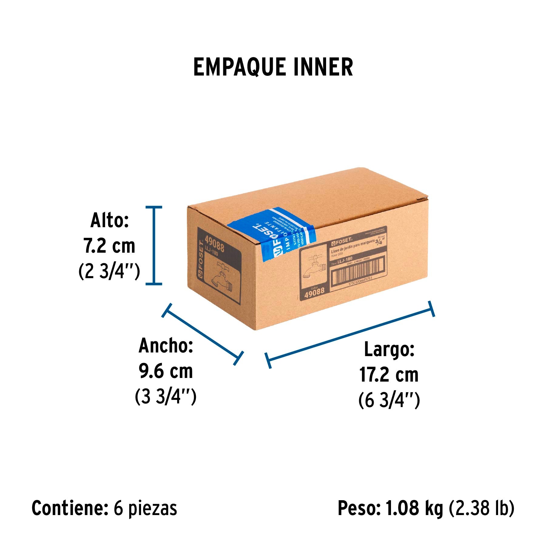 Llave para manguera, de latón, 180 gr, entrada 3/4", Foset