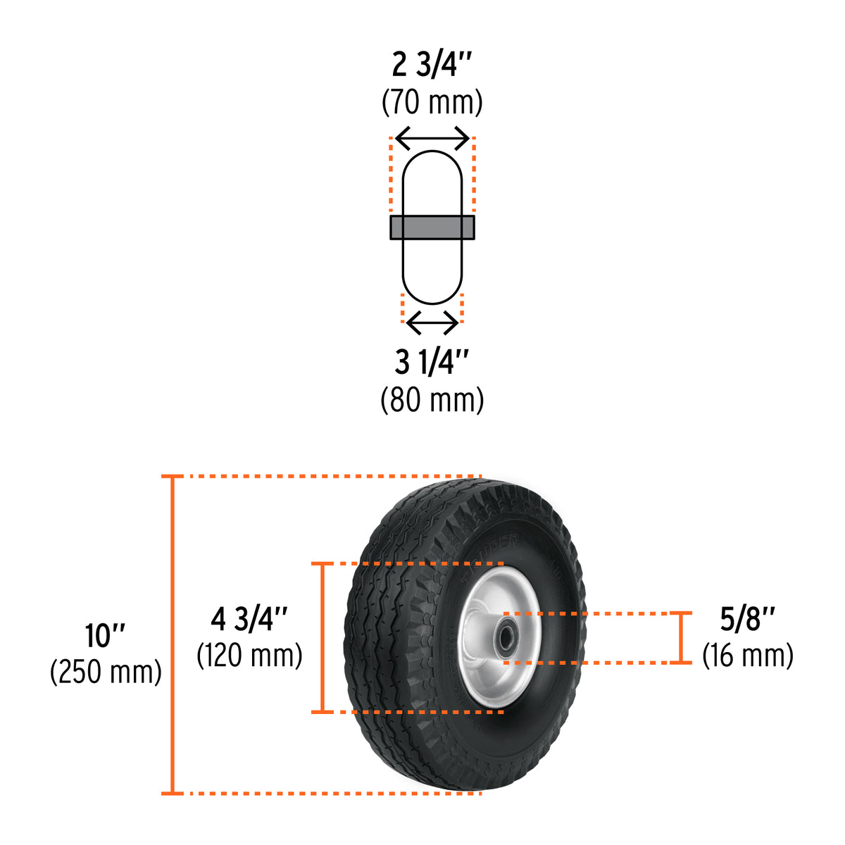 Llanta imponchable con eje central, 10"