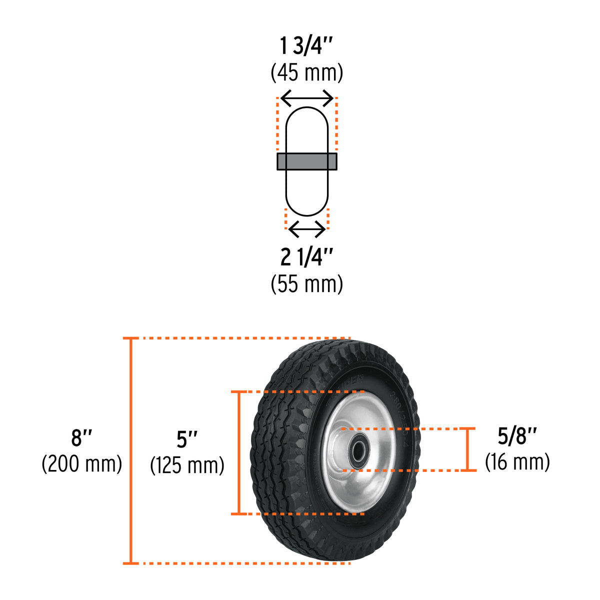 Llanta imponchable con eje lateral, 8"