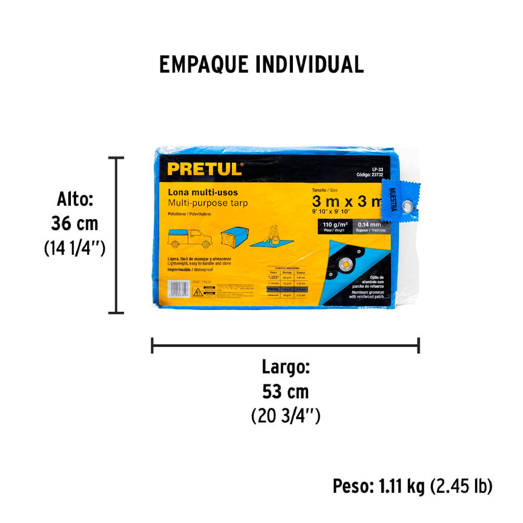 Lona 3 x 3 m, azul, Pretul