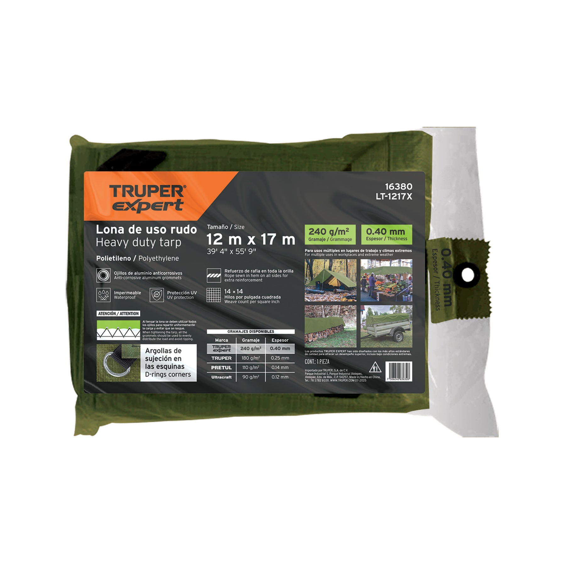 Lona uso rudo, verde olivo, 12 X 17 metros, Truper Expert
