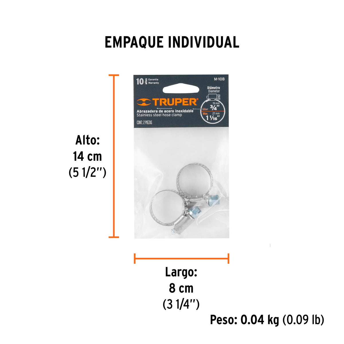 Abrazadera 10 de acero inoxidable, bolsa con 2 pzas