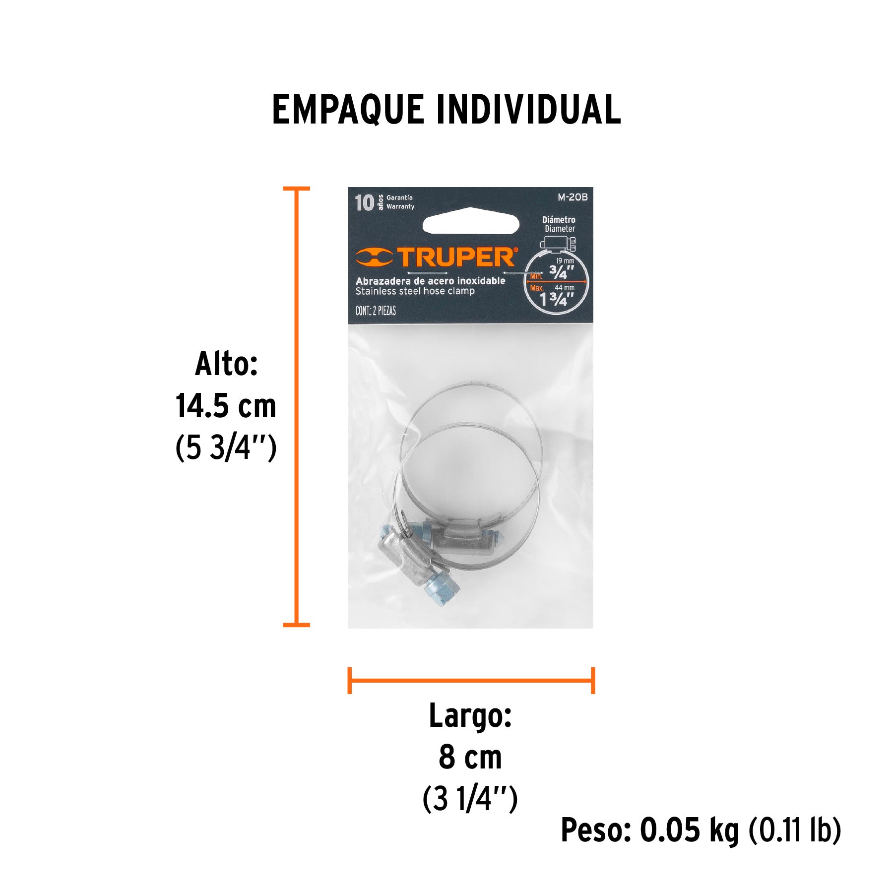 Abrazadera 20 de acero inoxidable, bolsa con 2 pzas