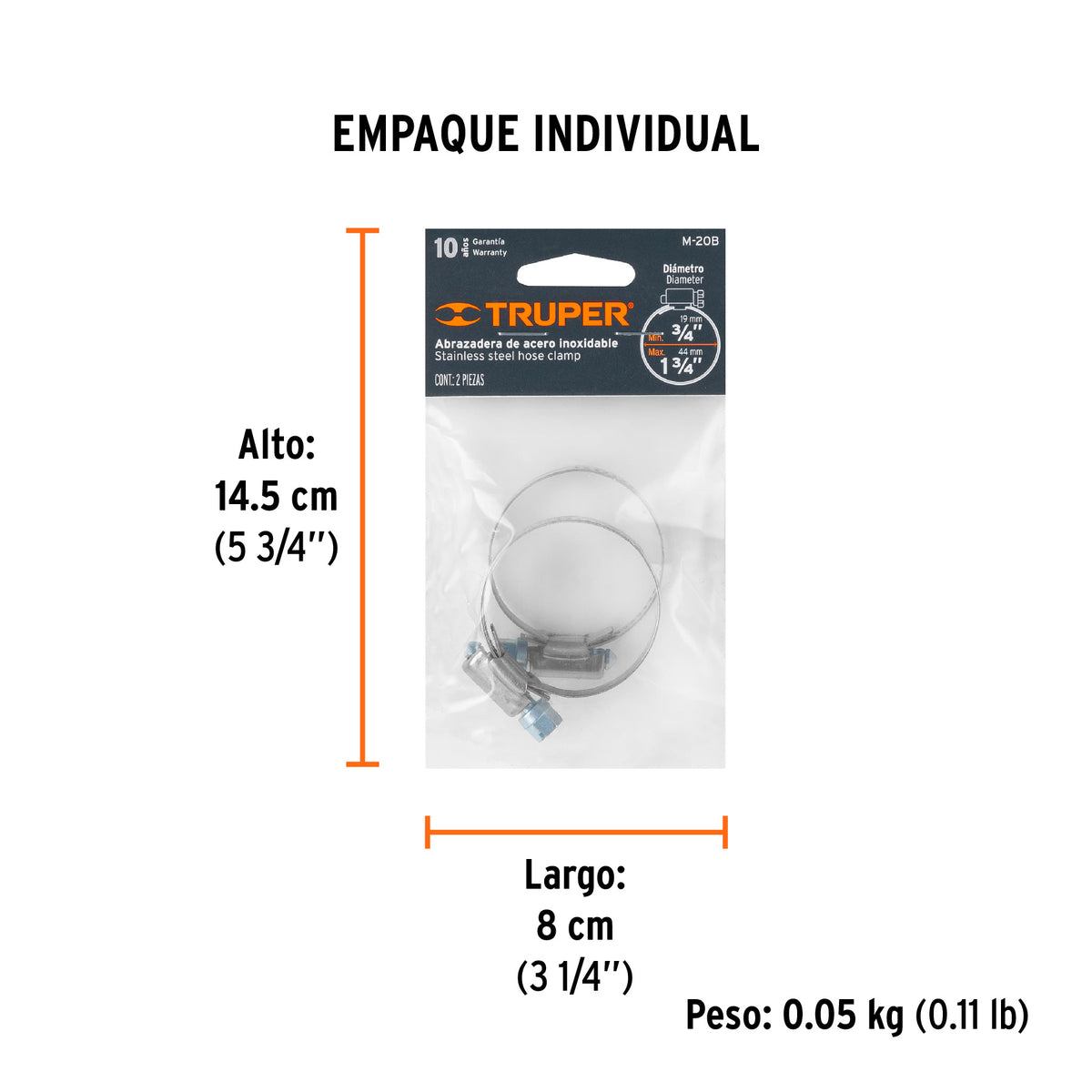 Abrazadera 20 de acero inoxidable, bolsa con 2 pzas