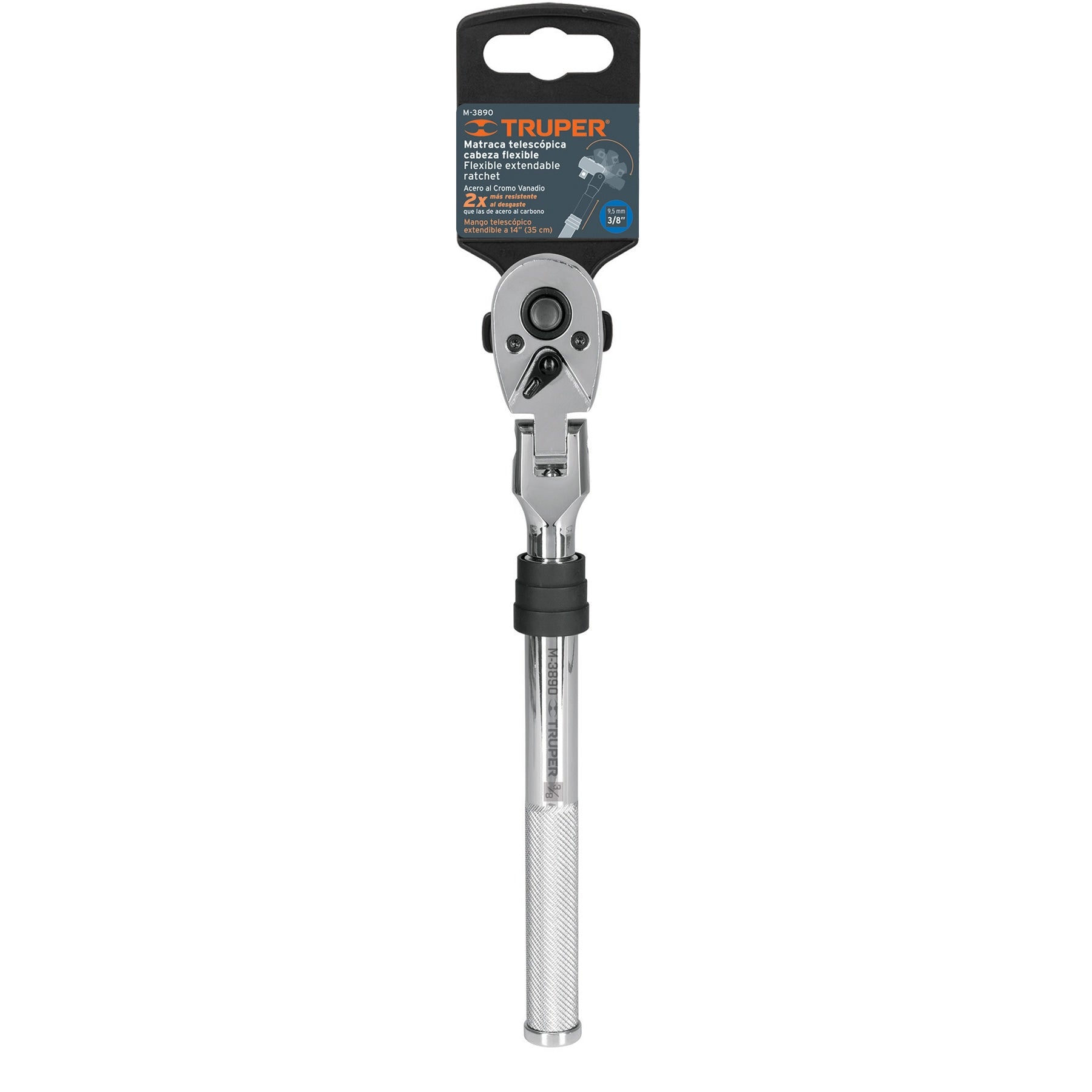 Matraca 90 dientes,cabeza articulada y mango extensible,3/8"
