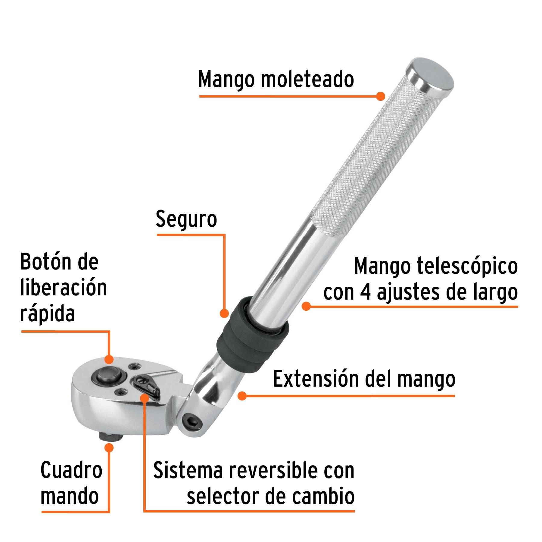 Matraca 90 dientes,cabeza articulada y mango extensible,3/8"