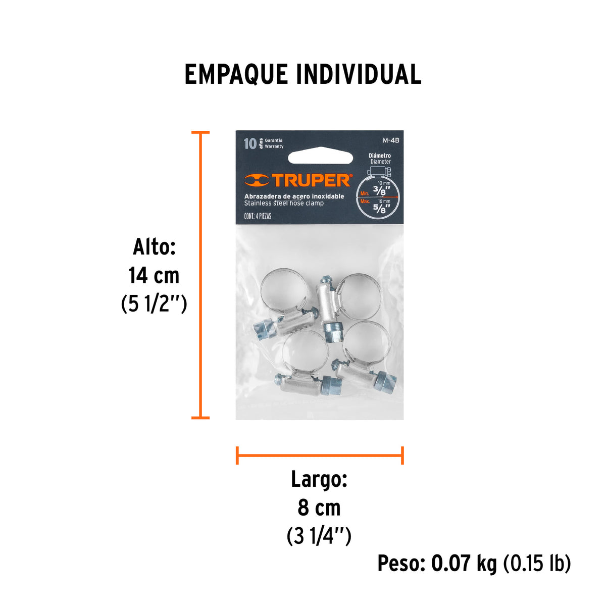 Abrazadera 4 de acero inoxidable, bolsa con 4 pzas