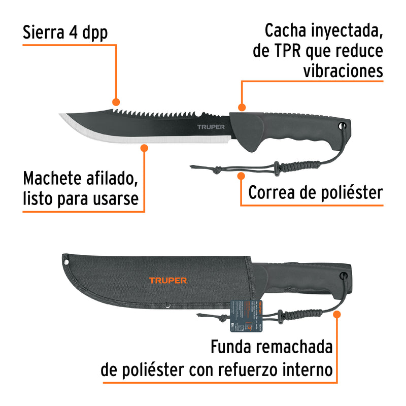 Machete doble filo 10' cacha inyectada, con funda, Truper